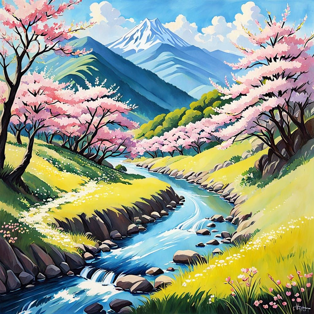 Anime Landscape Painting of Hidden Valley with Cherry Blosso...