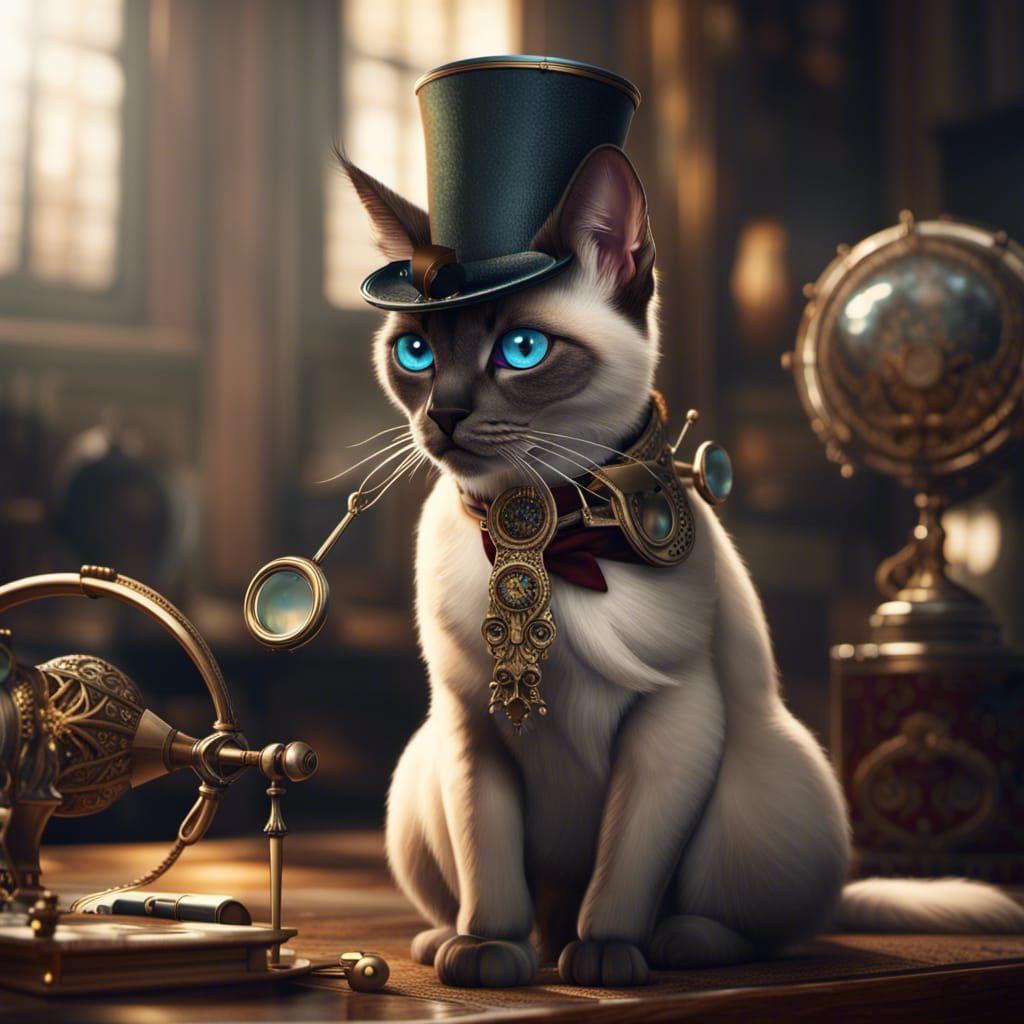 Siamese Cat with Monocle in Detailed Digital Painting