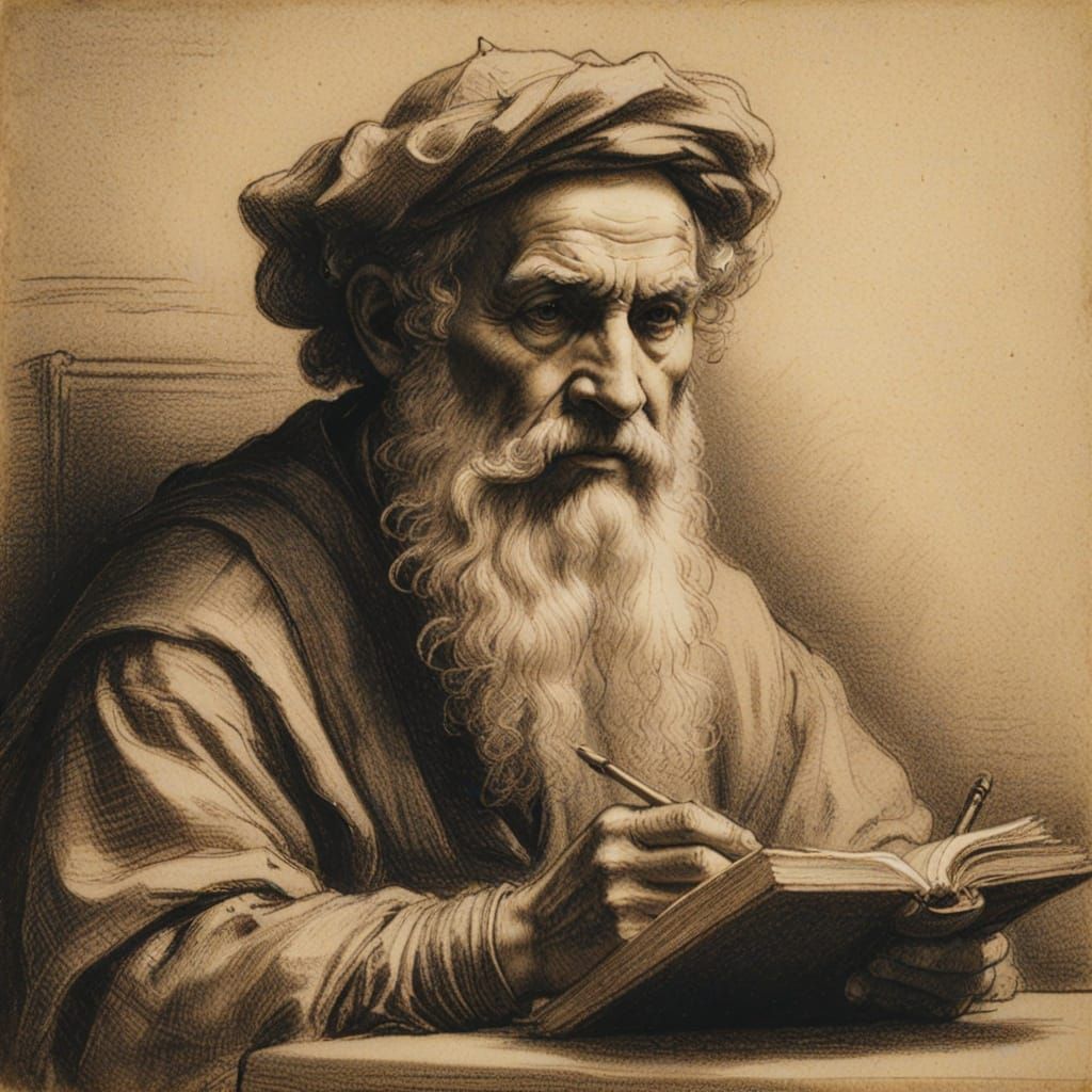 Plotinus Portrait in Rembrandt Style, Chalk on Paper