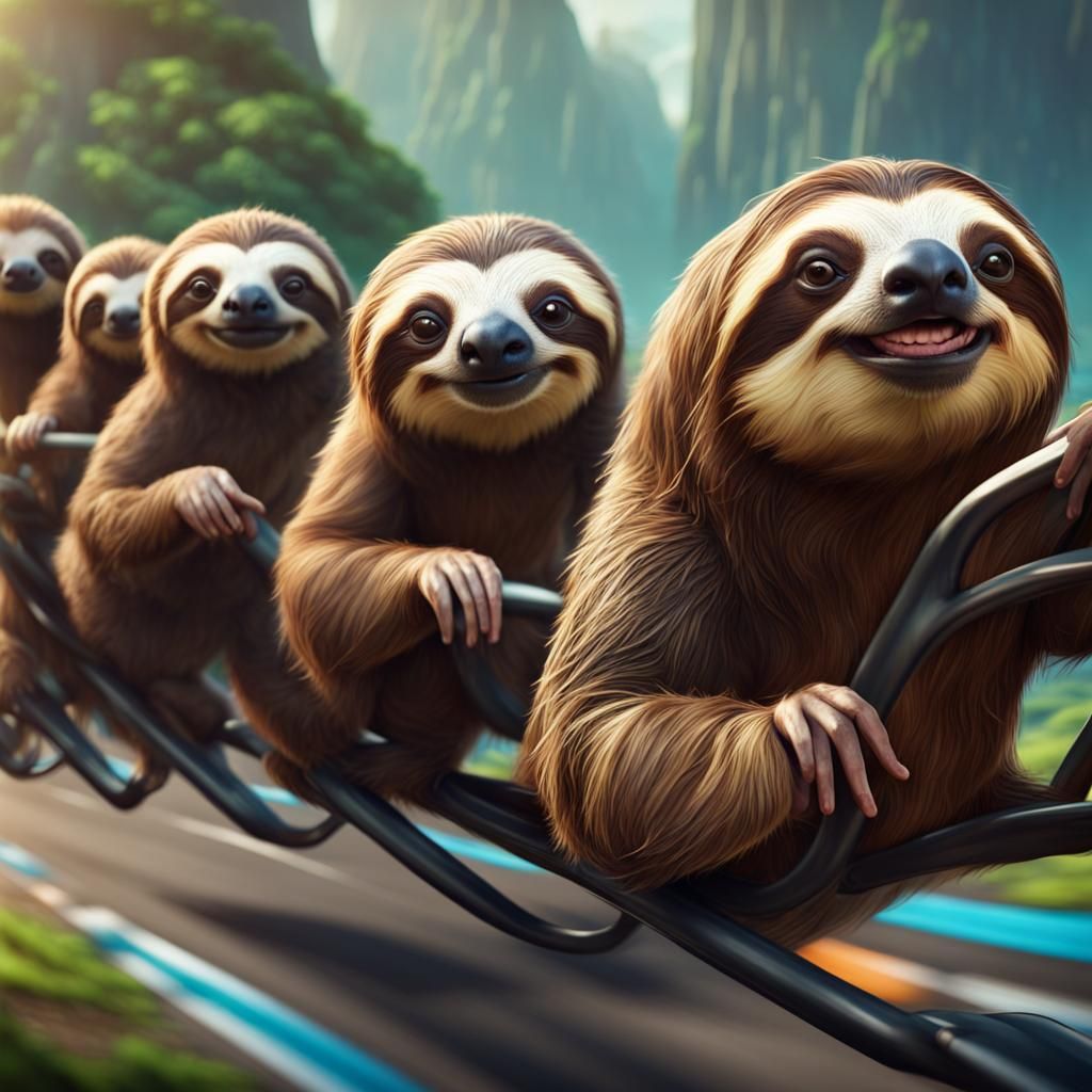 Sloths in a High-Speed Race: Humorous Fantasy Art