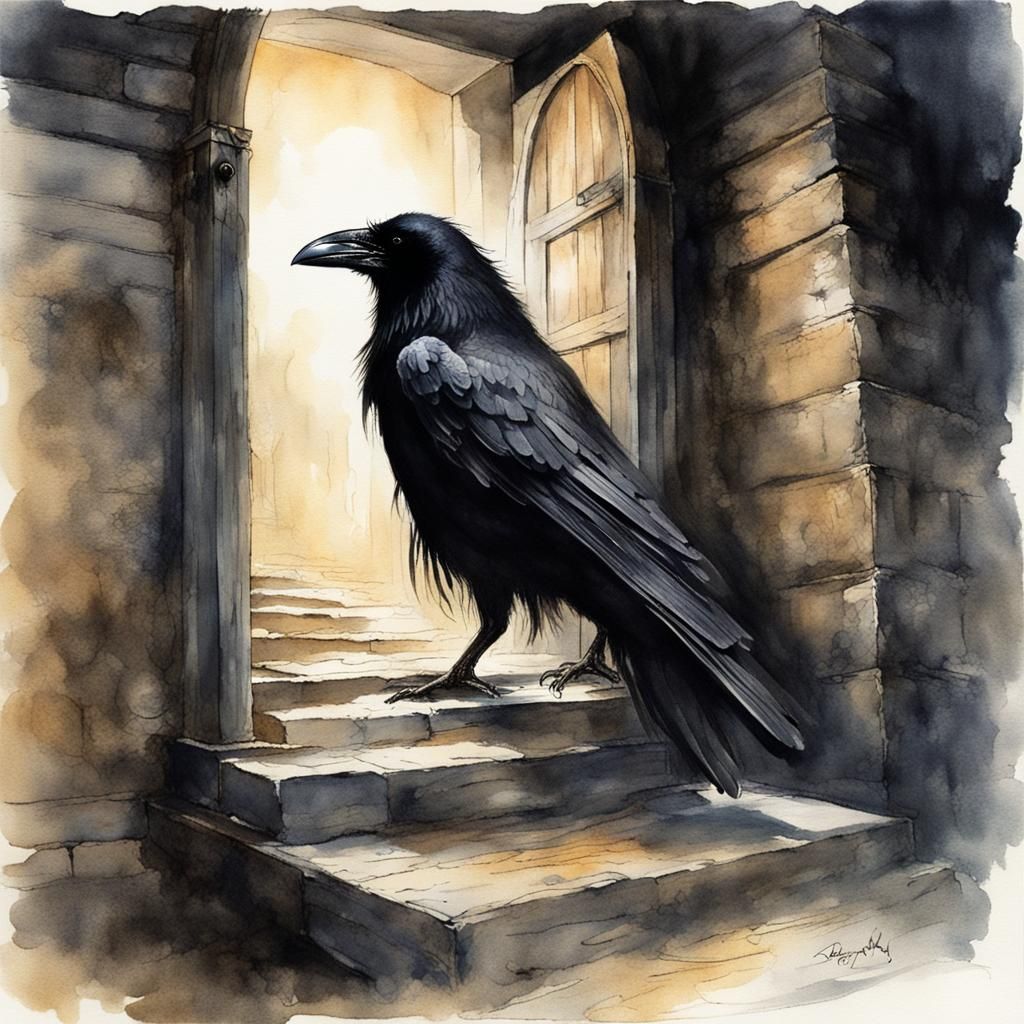 Sinister Raven at Castle Entrance in Watercolor