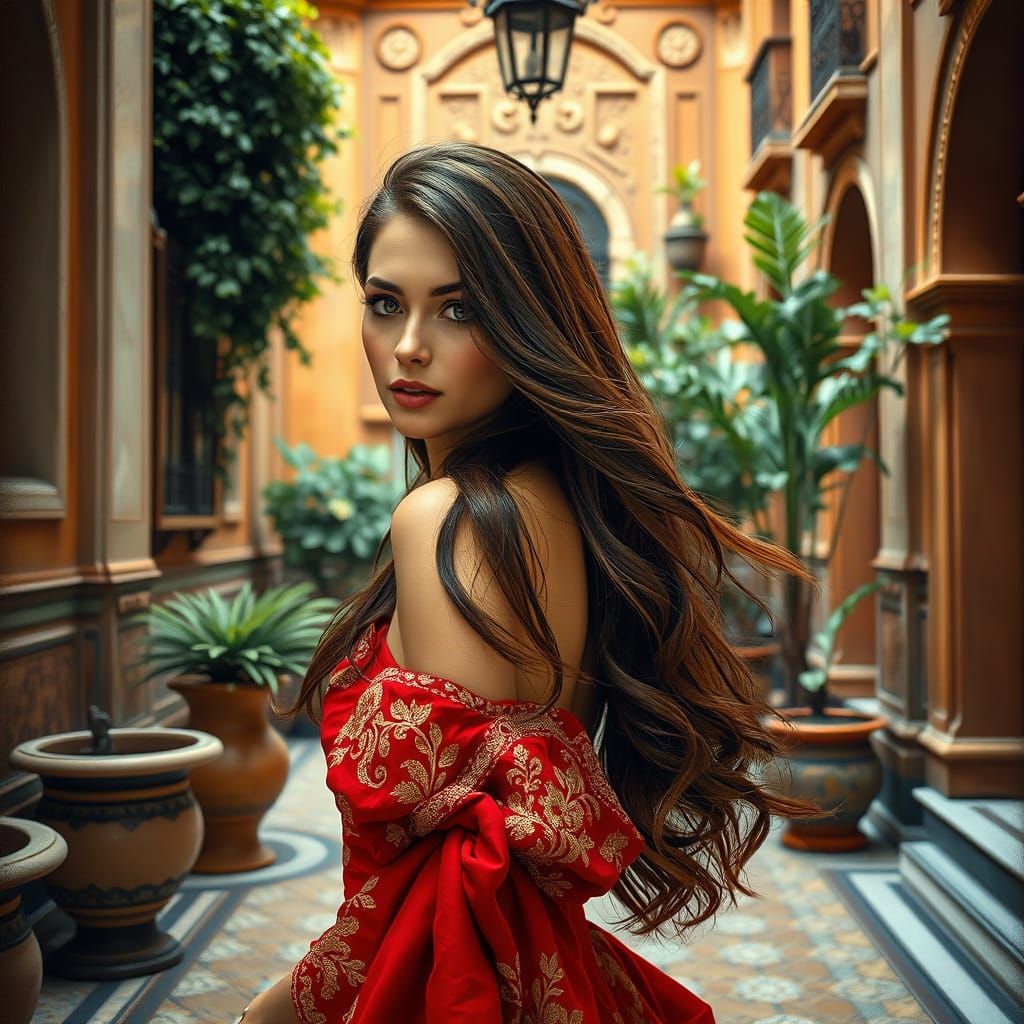 Woman in Elegant Flamenco Dress Poses in Spanish Courtyard