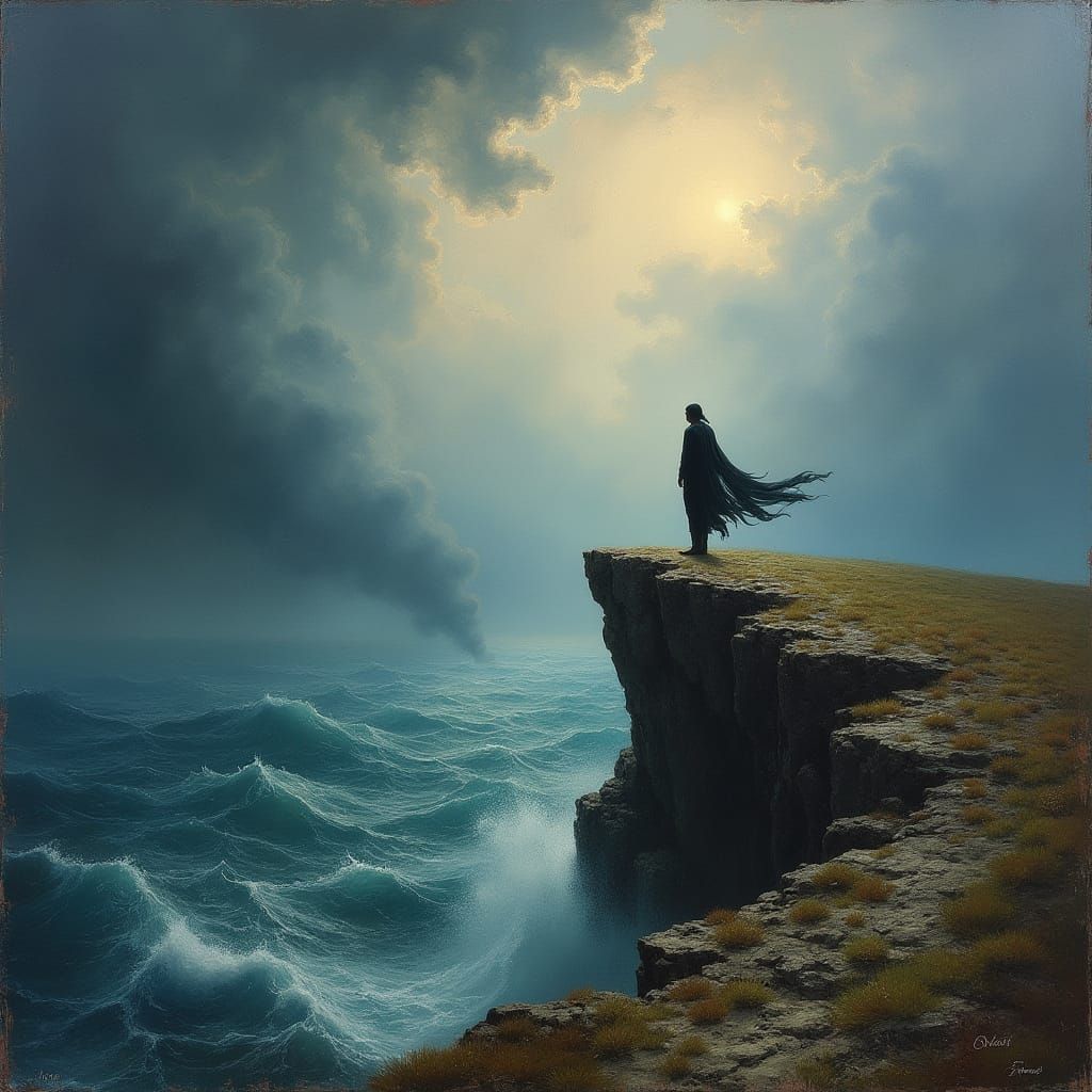Majestic Figure Surveys Turbulent Sea in Dramatic Landscape