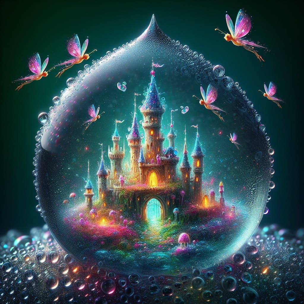 Fairytale Castle Inside a Dewdrop: Macro Photograph