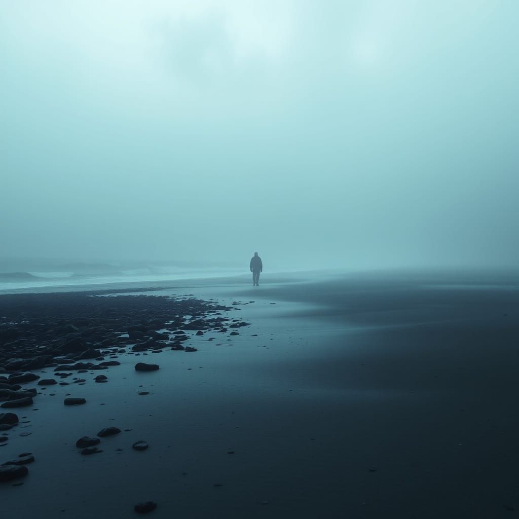 Ethereal Fog-Shrouded Beach Scene in Dark, Mysterious Ocean