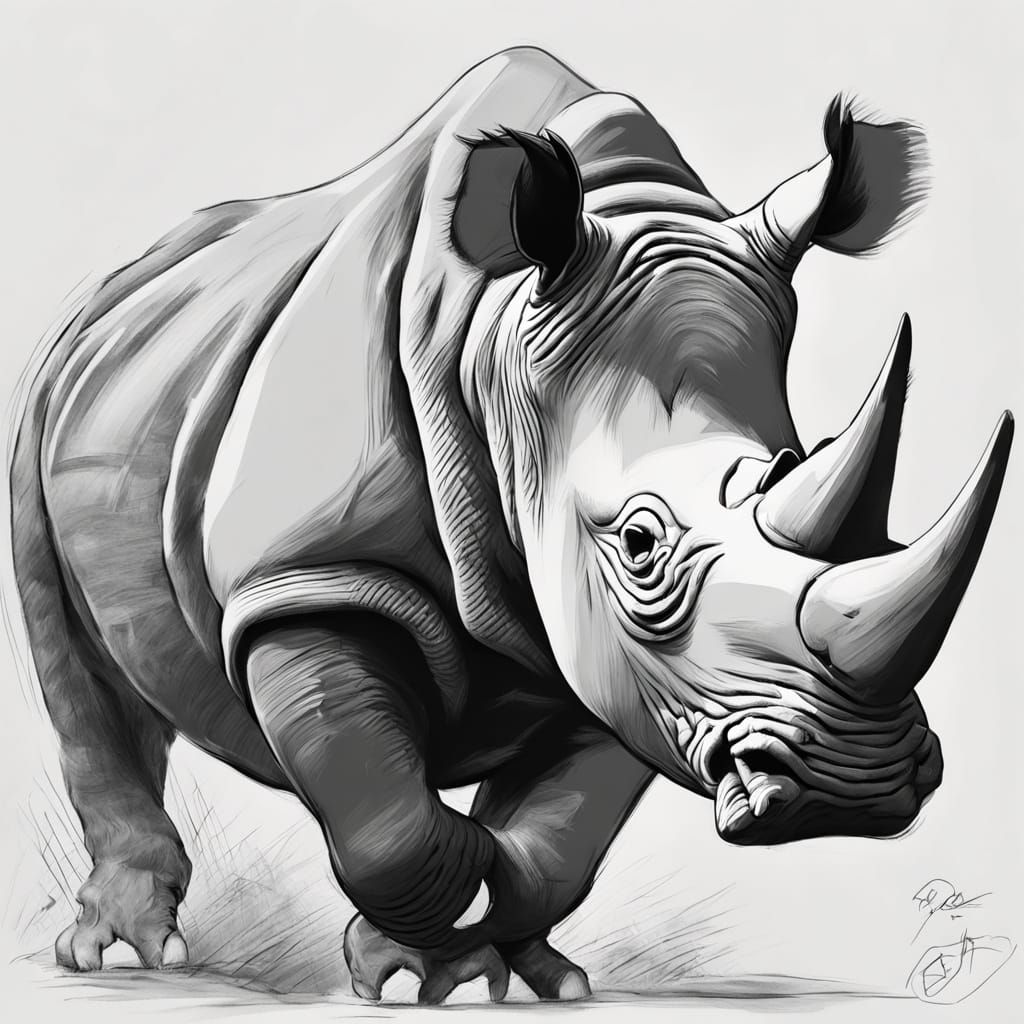 Charging Rhinoceros Portrait with Bold Gestural Strokes