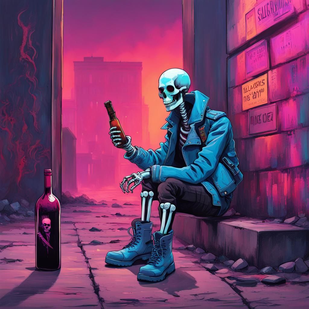 Punk Skeleton at Berlin Wall in Cyberpunk Style