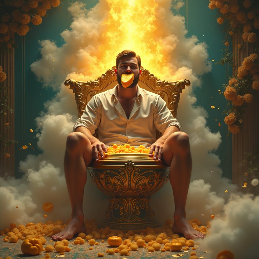 Man on Gilded Toilet in Mystical Realm