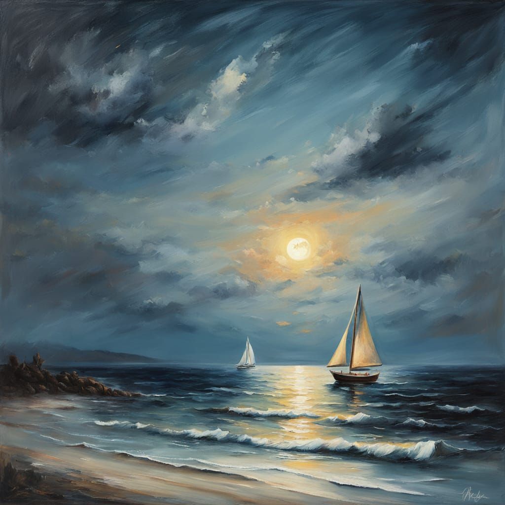 Moonlit Sailboat on Gentle Waves as Oil Painting