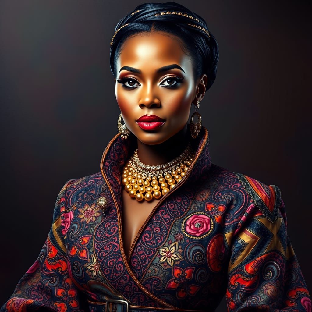 Elegant Woman in Textured Outfit, Mixed Media Style