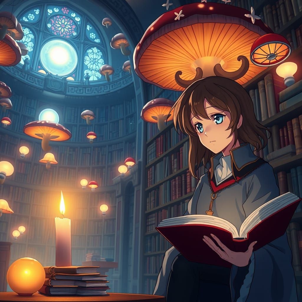 envision a grand library filled with ancient tomes and glowi...