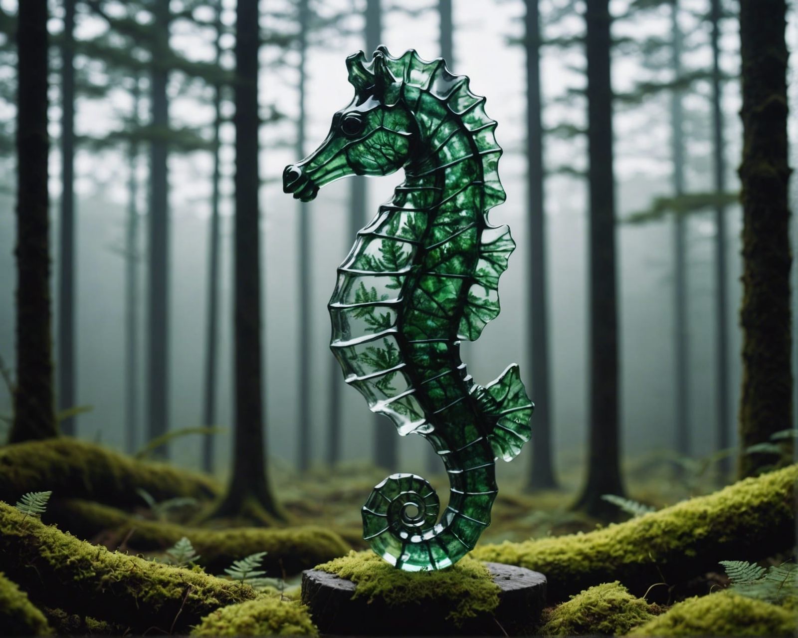 Nordic Glass Seahorse Silhouette with Forest