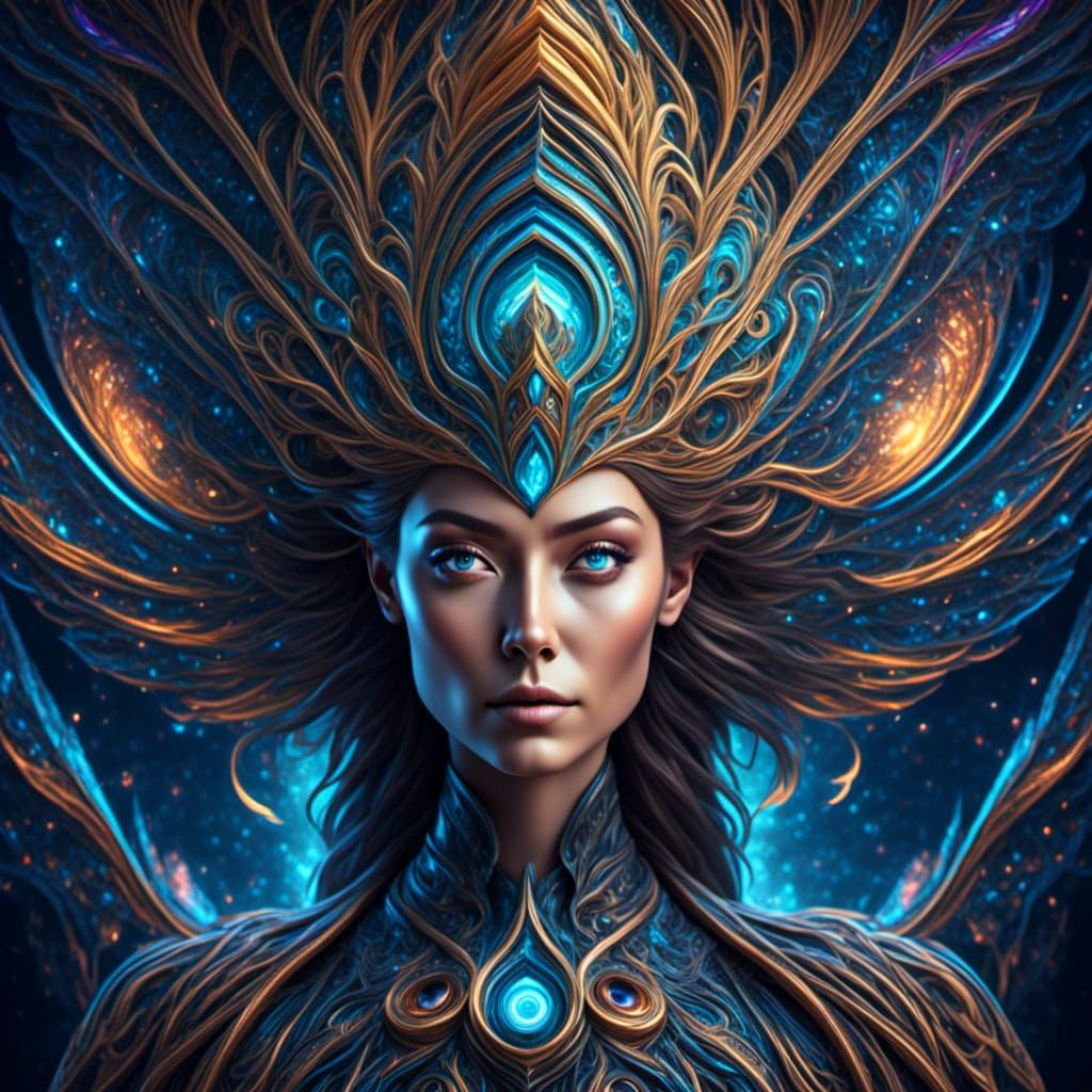 a higher intelligence from the 9th dimension mixed with human consciousness, intricately detailed, 8k resolution, hyper ...