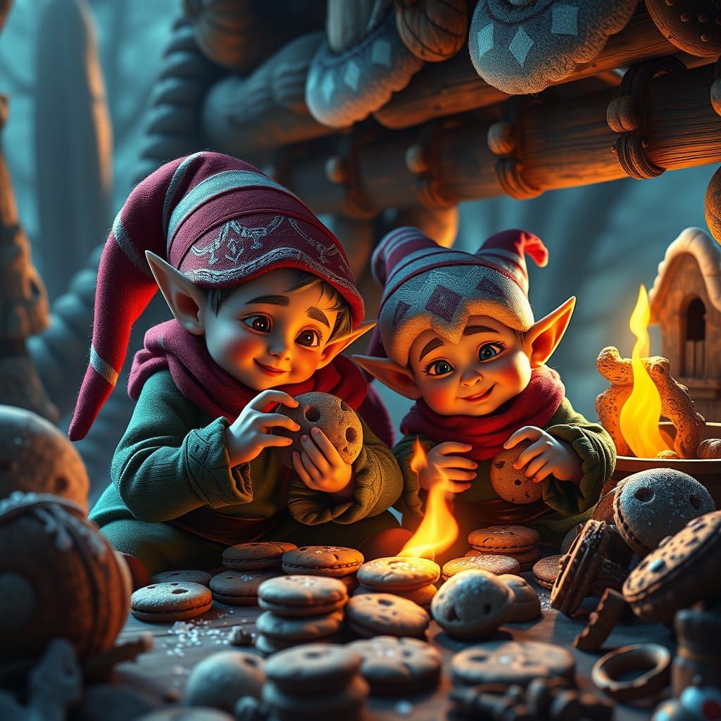 Fantastical Keebler Elves in Whimsical Cookie-Making Scene