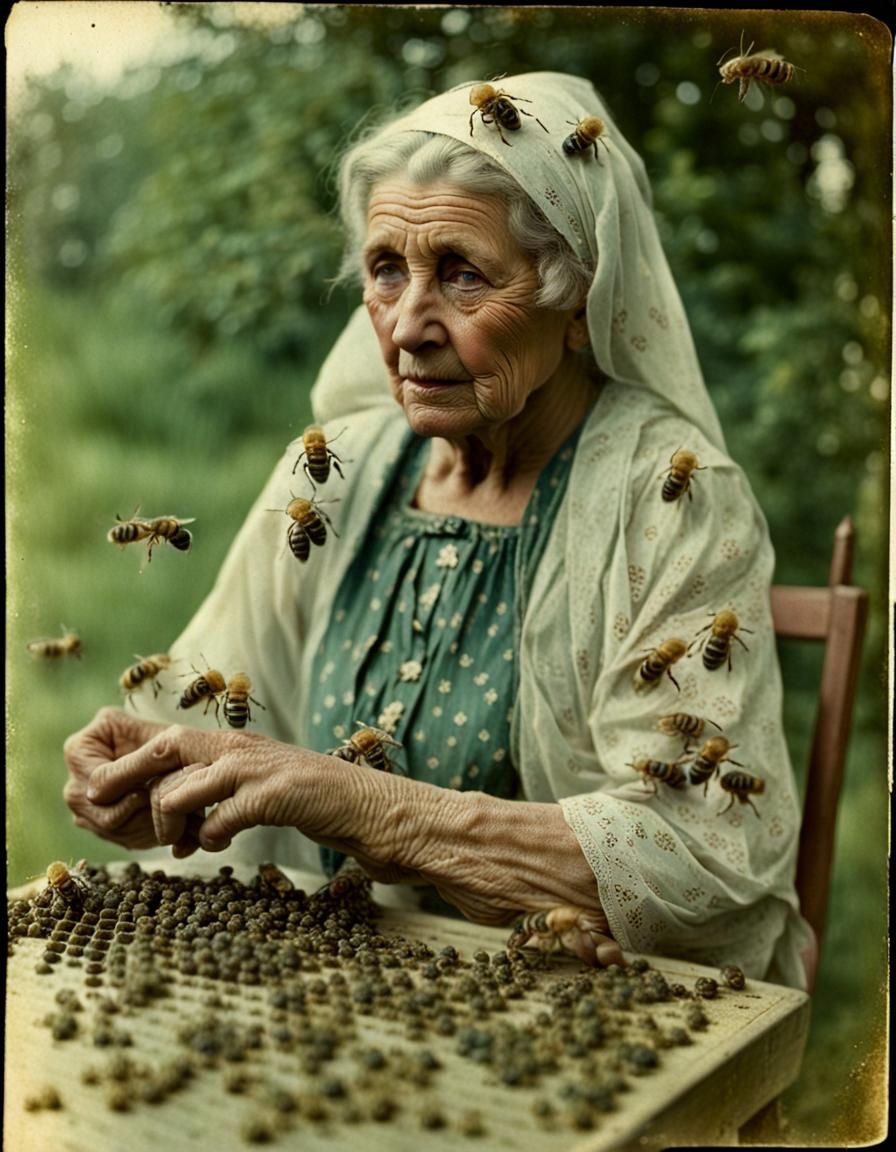 Vintage Autochrome Portrait of Woman with Bees