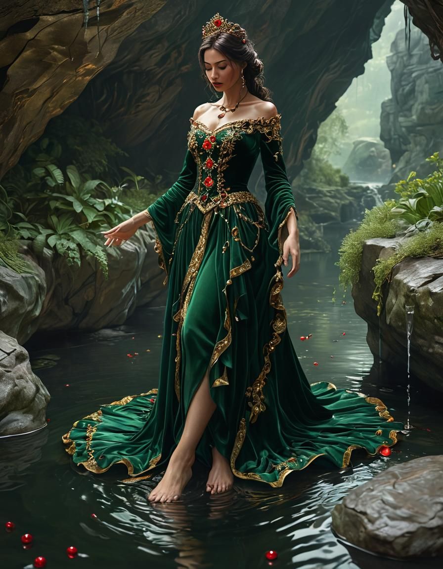 Aristocratic Woman Threads Watery Path in Fantasy Cave