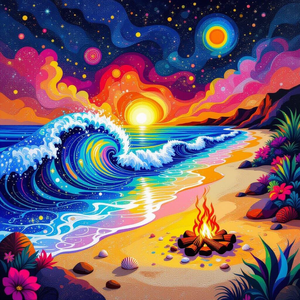 Psychedelic Beach Campfire with Liquid Light Waves