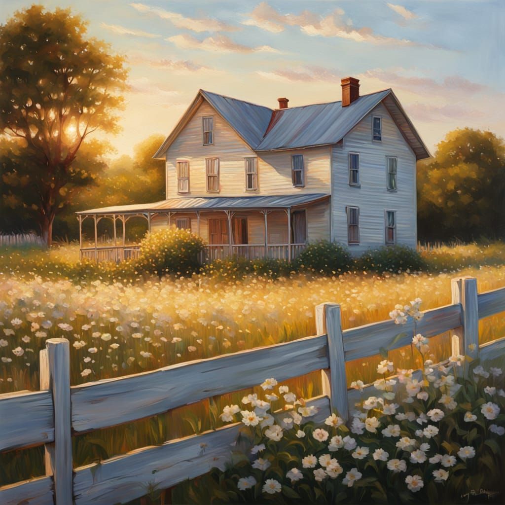 Farmhouse in Field of Flowers: Hyperrealistic Oil Painting
