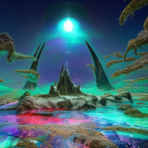 Glitchcore Landscape Explosion in Stained Glass Style