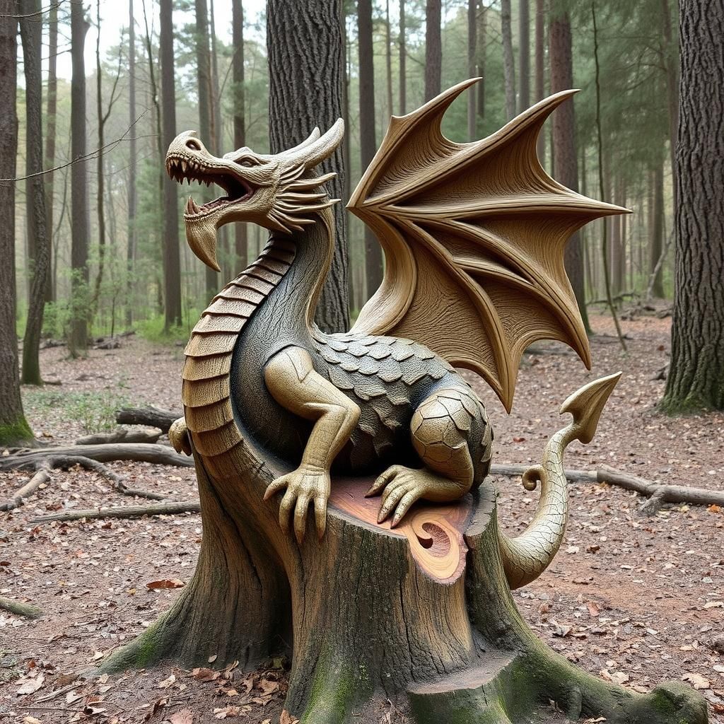 Oak Dragon Sculpture in Forest
