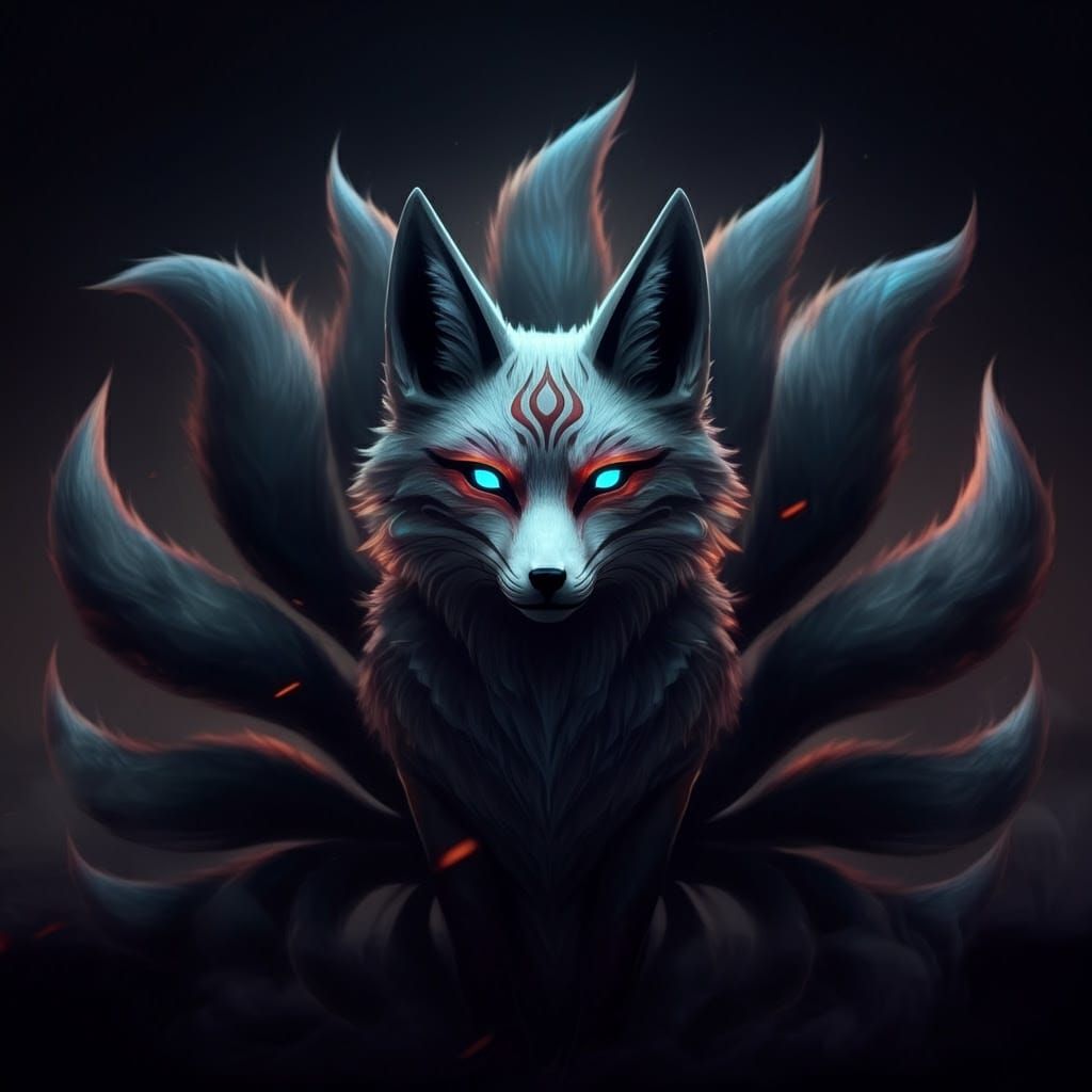 Majestic Nine-Tailed Fox Logo in Dark Noir Style