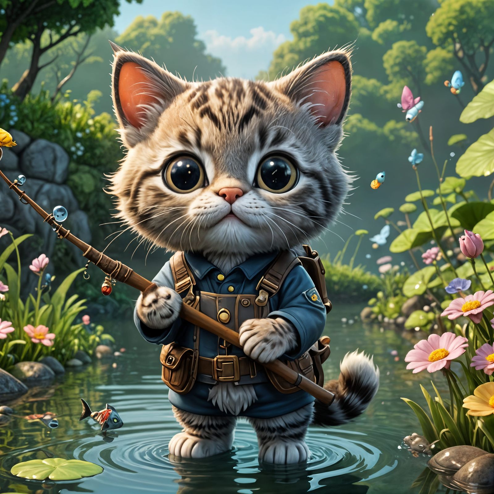 Cute Kitten Fishing: Cartoon Art Render