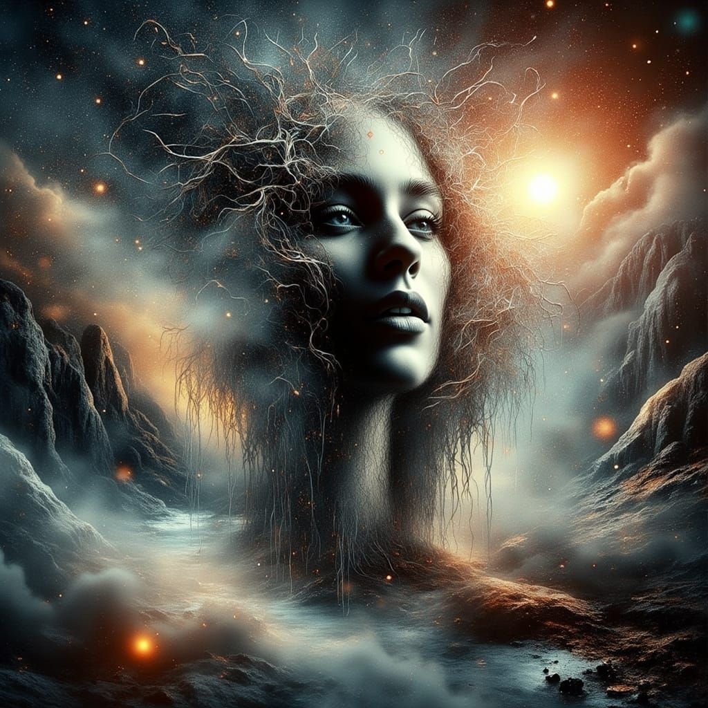 Mystical Figure Between Worlds in Futuristic Style