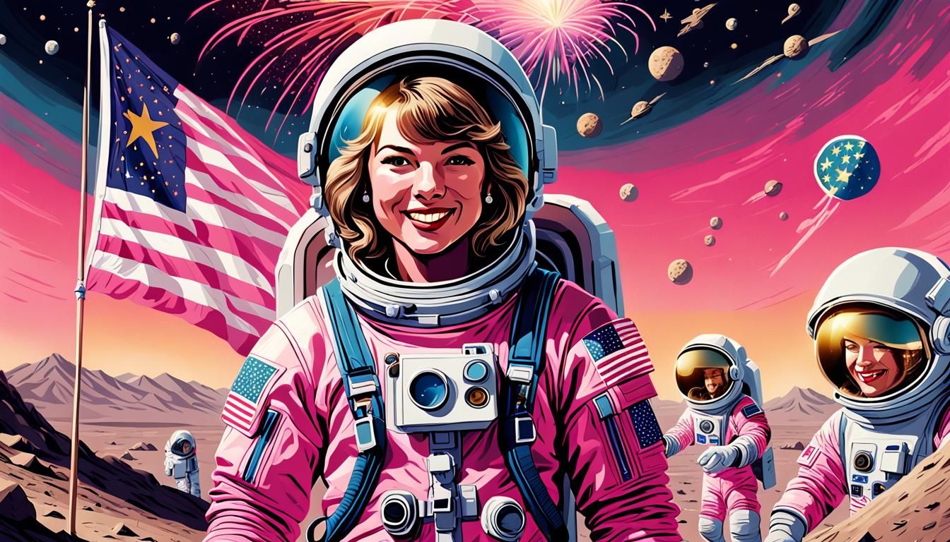 First female astronaut to land on the moon Taylor Swift in a pink spacesuit who smiles as she sets up the Stars’n’Stripe...