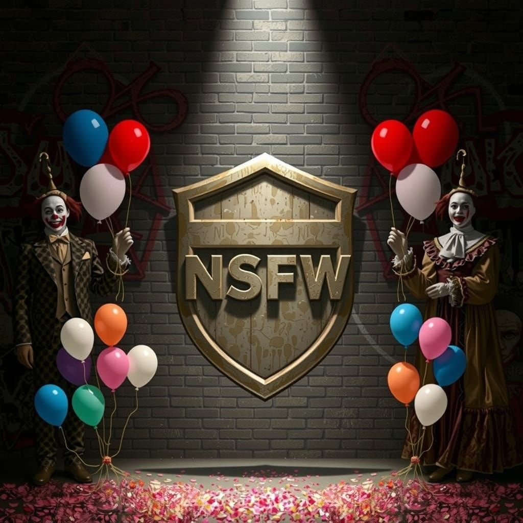 Gritty Emblem with Clowns in Theatrical Setting