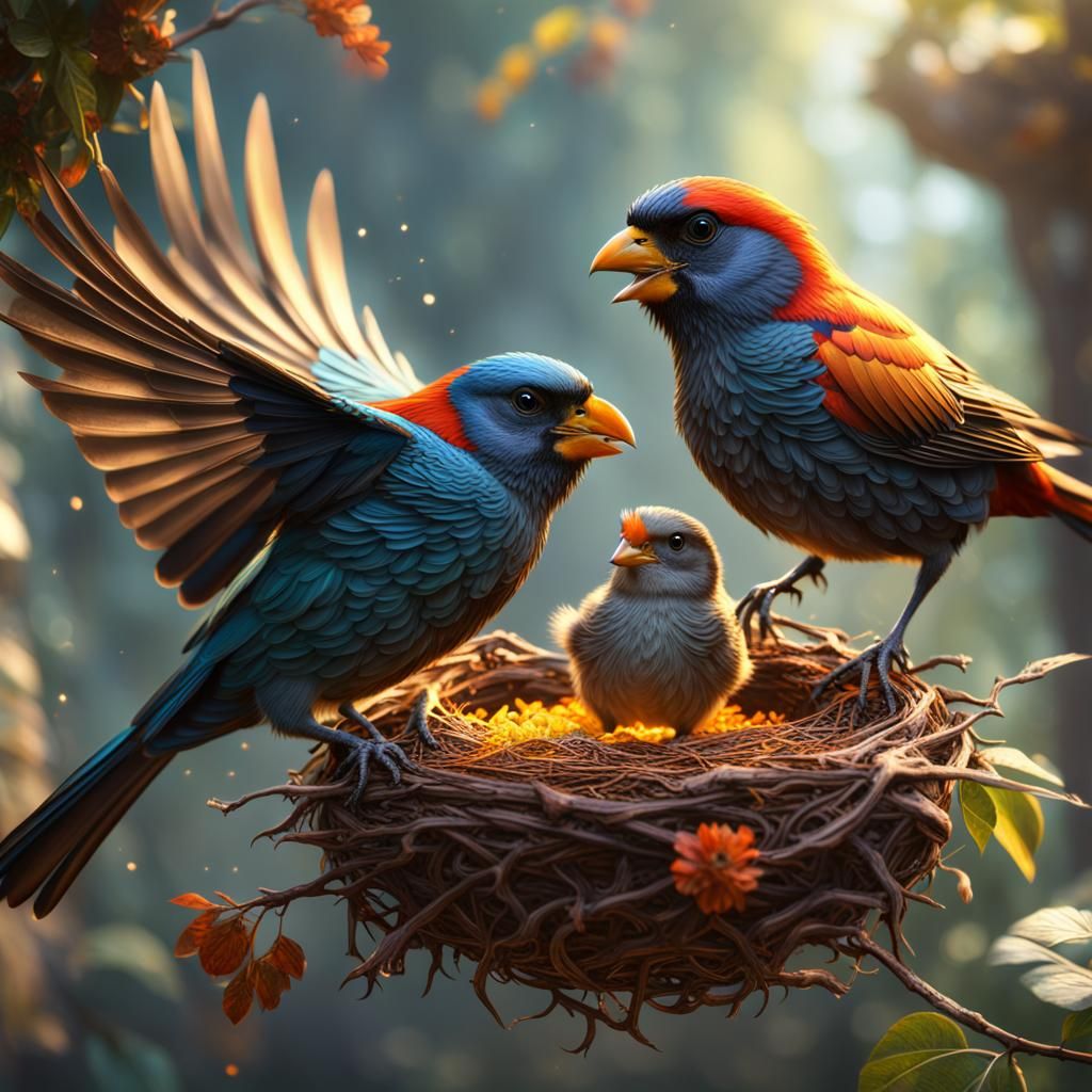 Pretty Bird Feeding Baby Birds in Detailed Painting