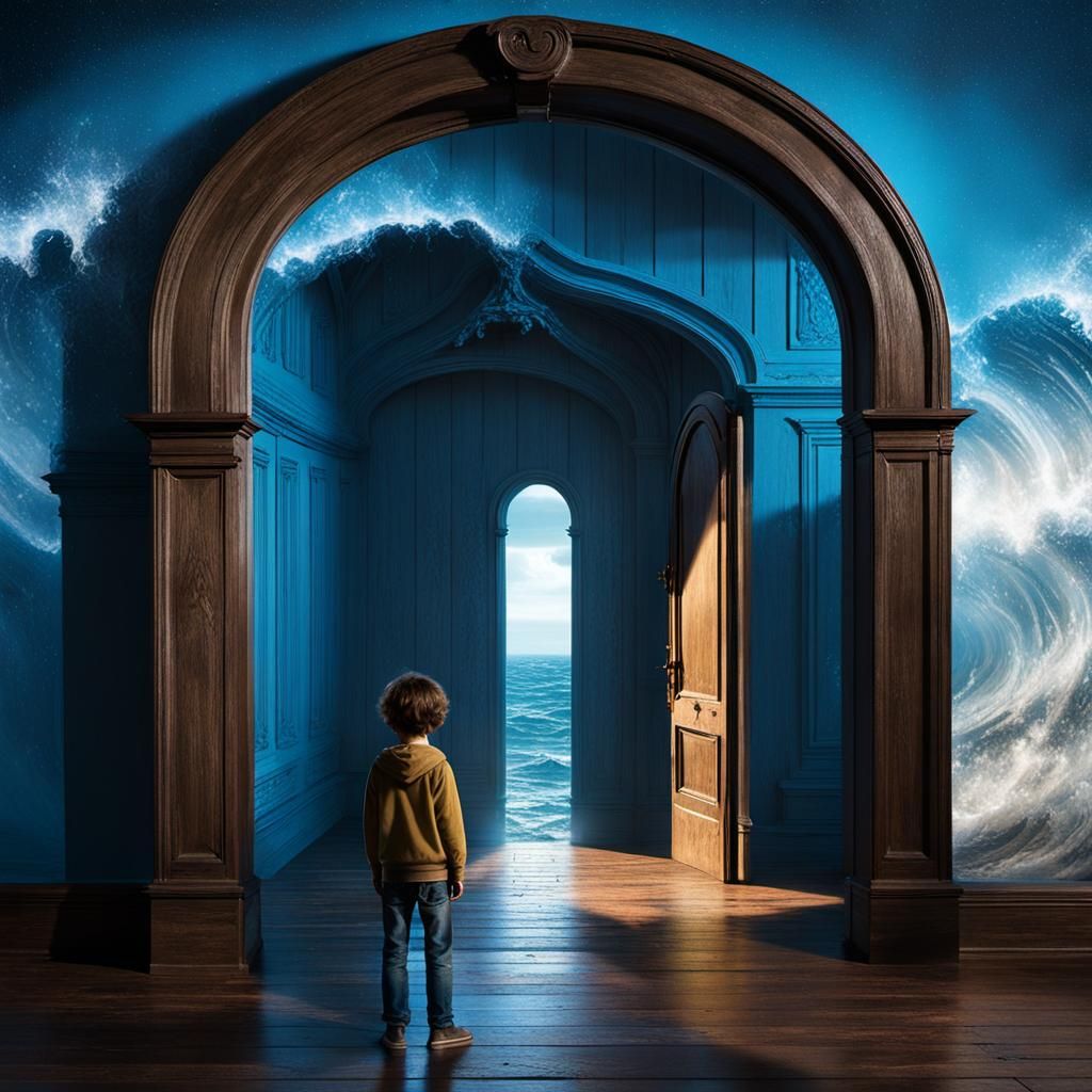 Boy Gazing at Frozen Wave in Surreal Room