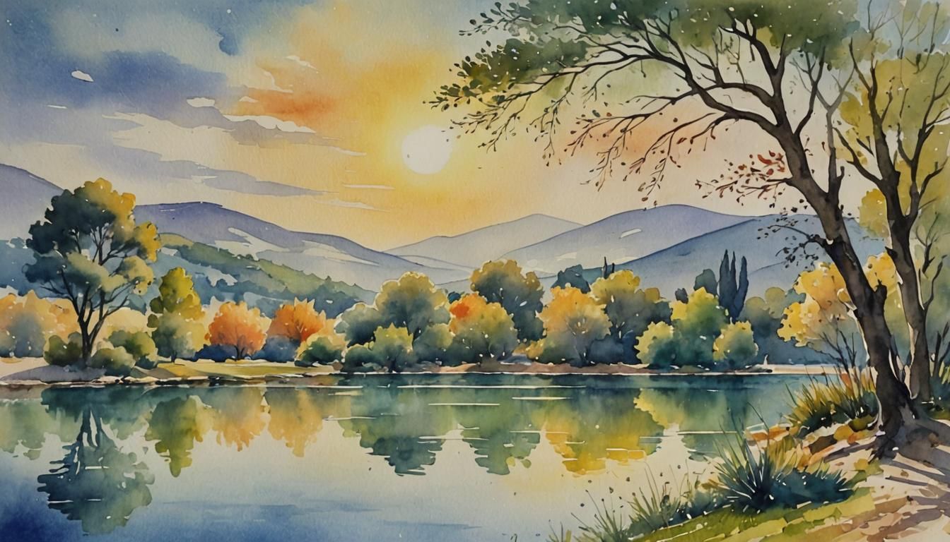 Watercolor Painting of Provençal Landscape at Sunrise