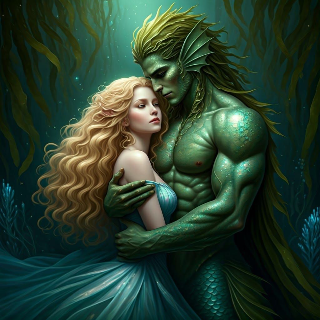 Merman and Woman Embrace in Bioluminescent Grotto