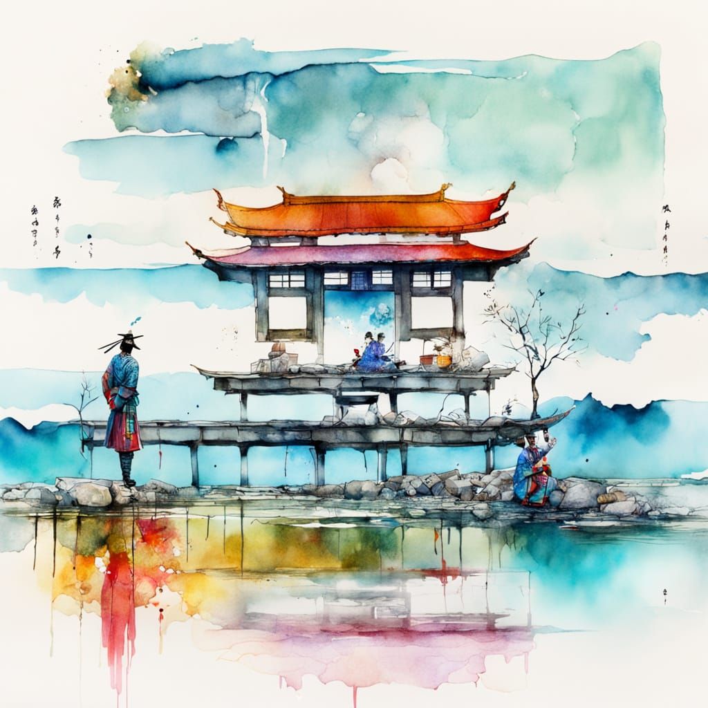 Surreal Samurai at a Tranquil Tea House