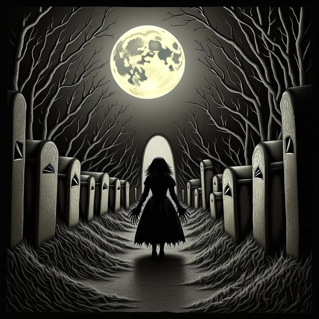 Spectral Alice in Stormy Victorian Cemetery