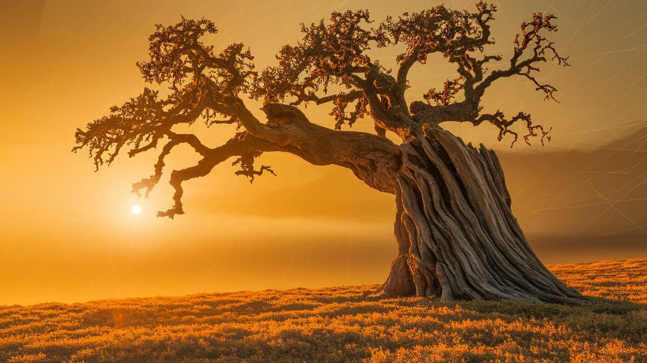 Ancient Oak Tree in Abstract Geometric Landscape