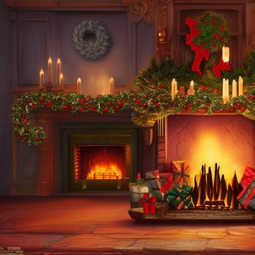 Festive Christmas Fireplace in Detailed Matte Painting