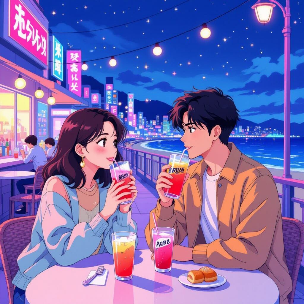Vibrant Manga Couple Sipping Melon Soda