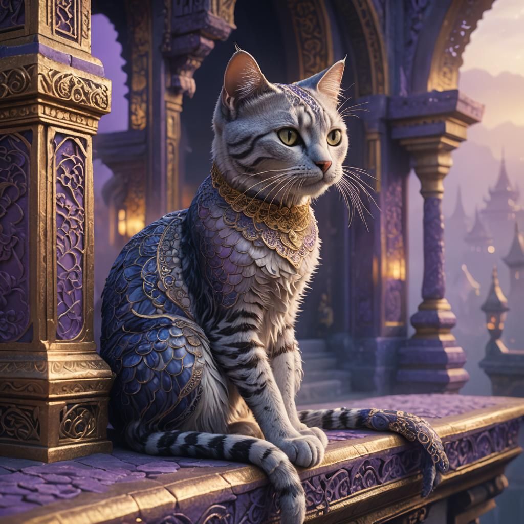 Lace Cat on Temple Ledge: Fantasy Concept Art