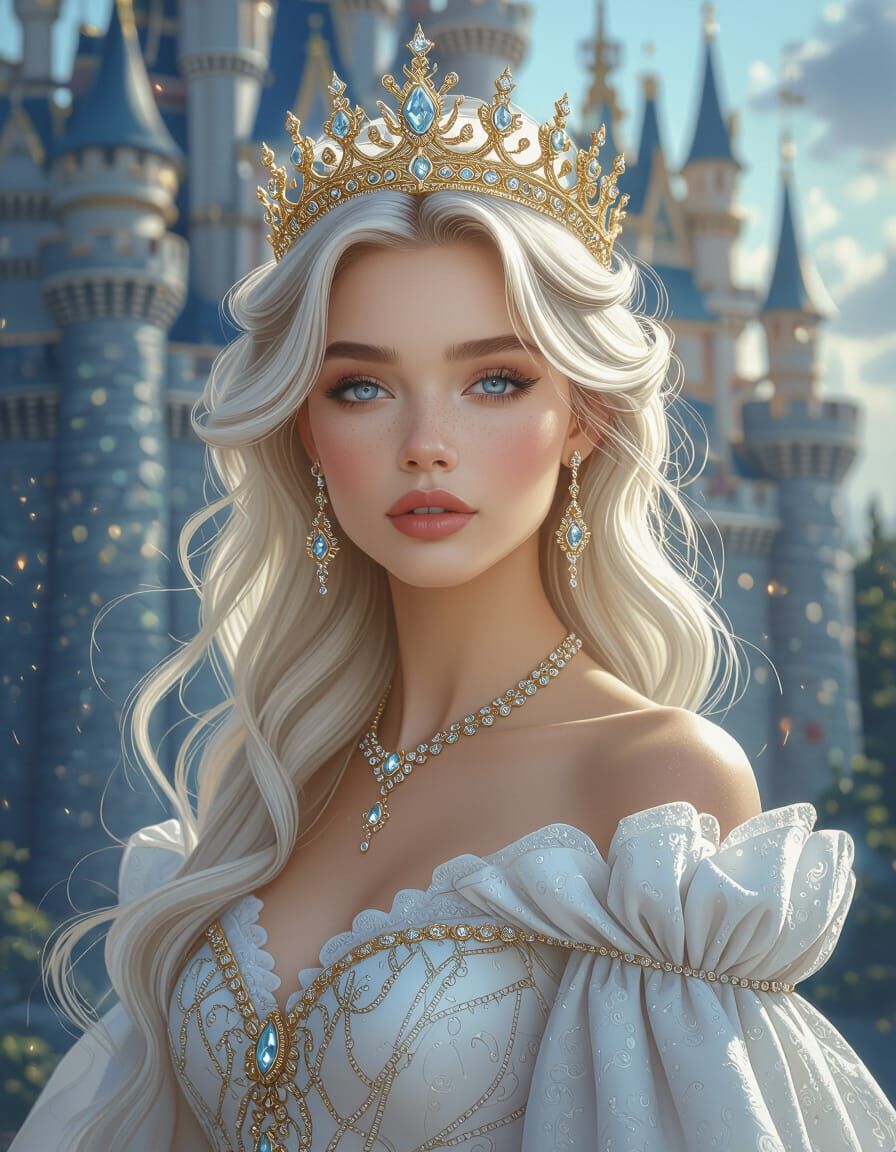 Majestic Queen in Fantasy Castle, Hyperrealistic Style