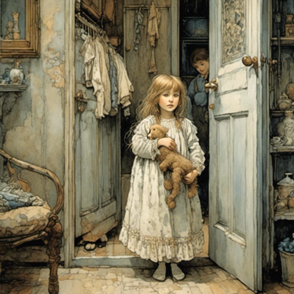 Sleepy Girl in Doorway: Intricate Watercolor Art