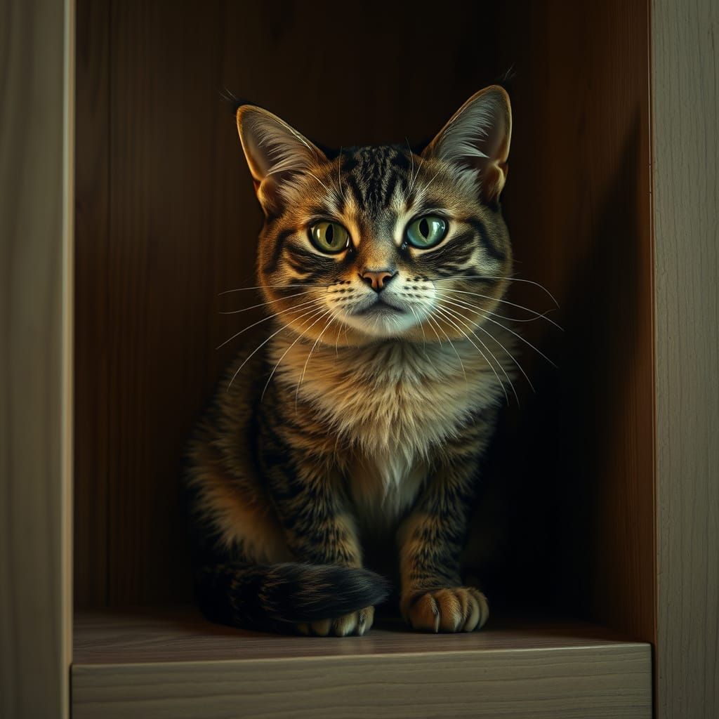 Whimsical Green Cat Sits on Wooden Shelf in Warm Ambient Lig...