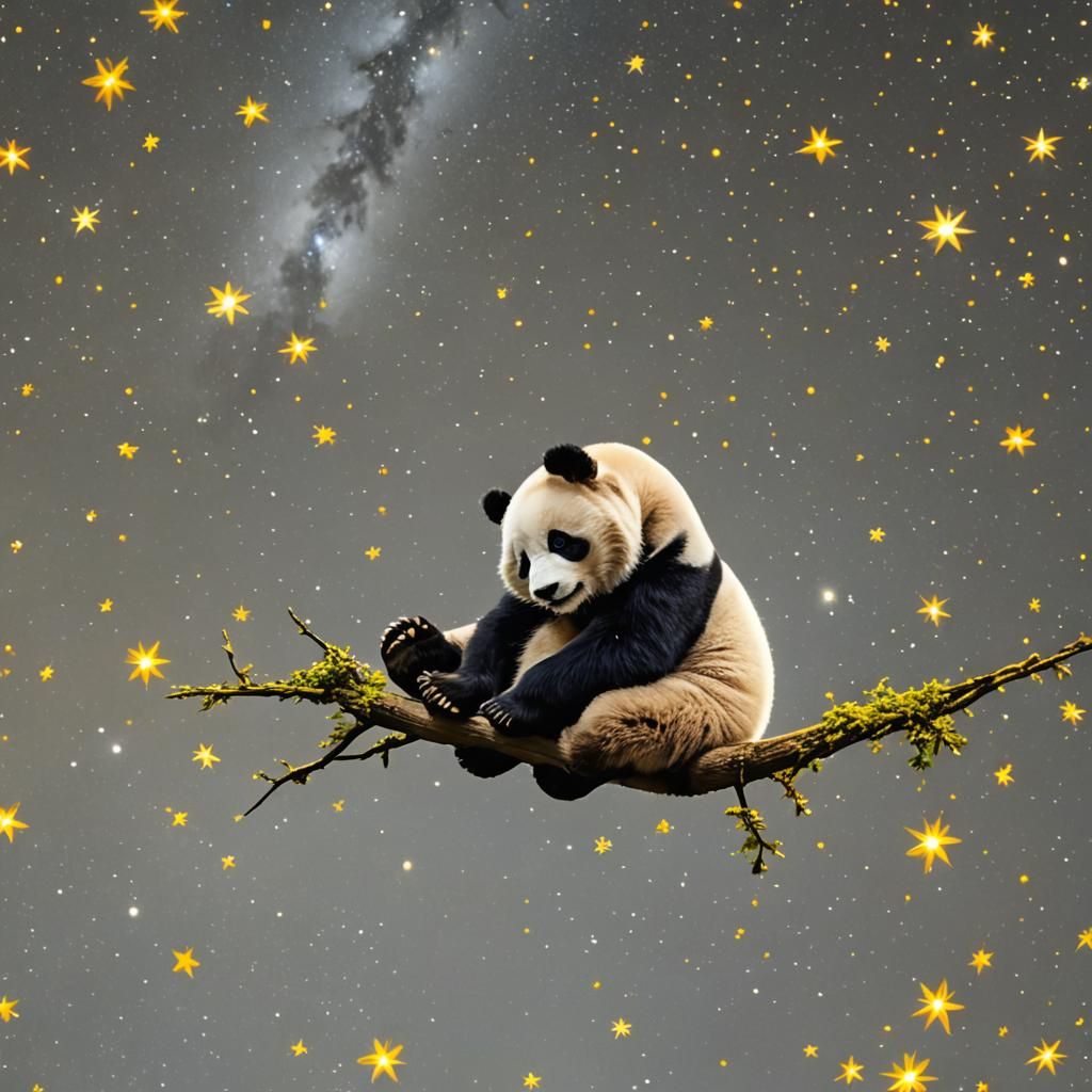 Cute Panda Cub Sleeping on Moon with Stars