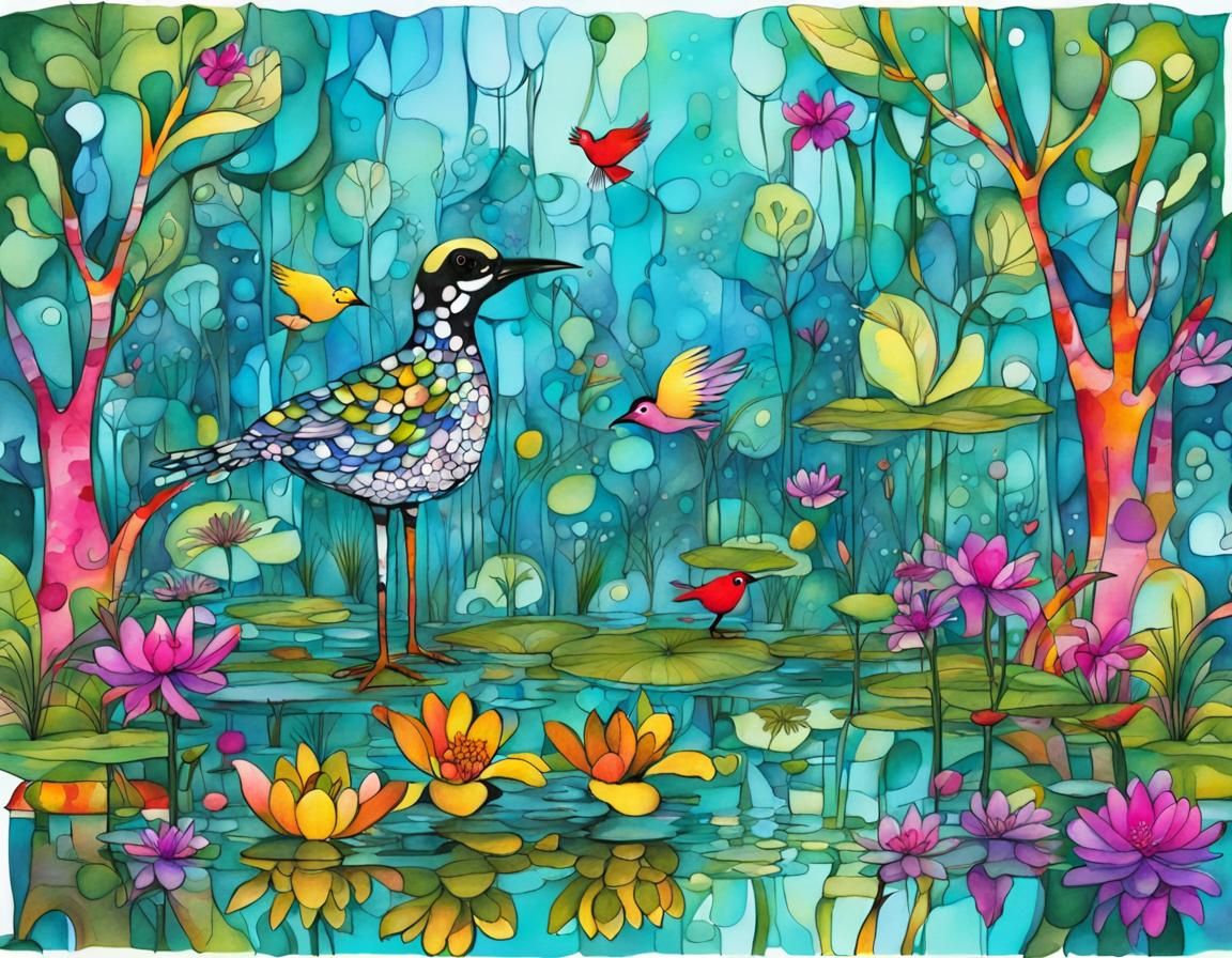 Whimsical Fantasy Village with Doodle Birds Illustration