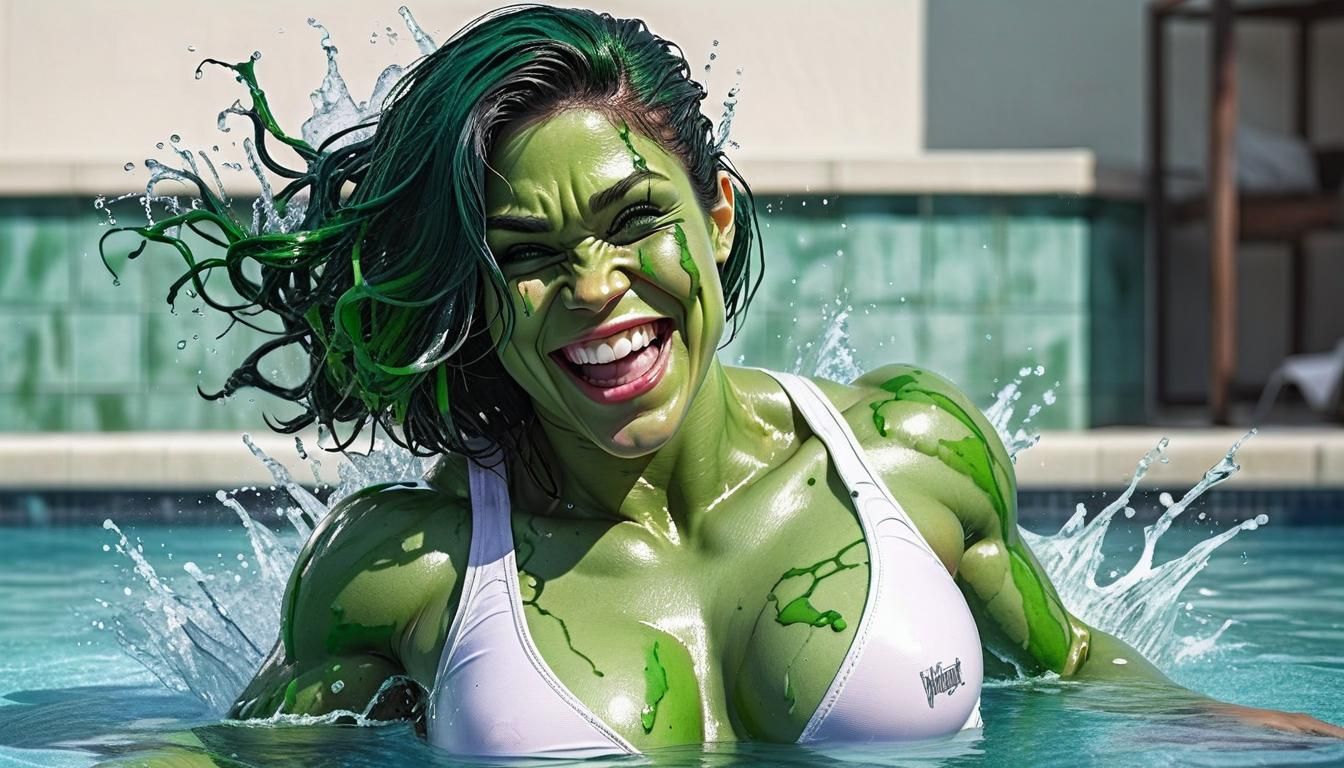 Happy She-Hulk Splashing in a Pool