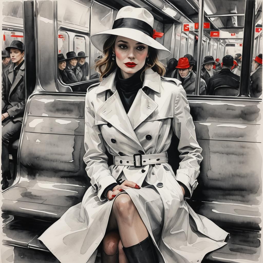 Parisian Woman in Metro: High Contrast Charcoal Drawing