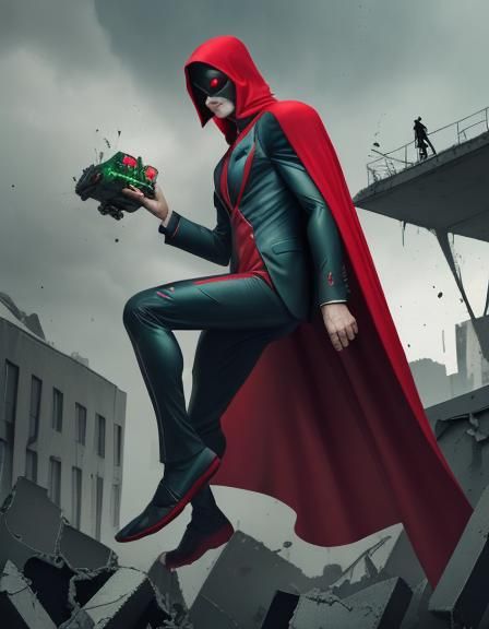 Supervillain Hovering in a Destroyed City