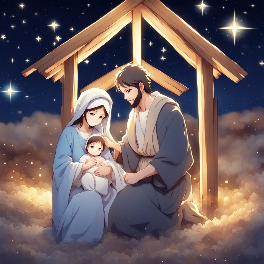 Cute Anime Nativity Scene with Mary and Joseph