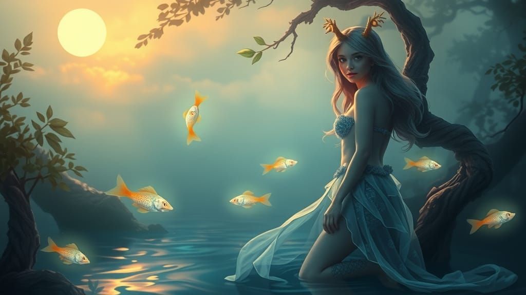 Ethereal Siren in Bioluminescent Lagoon, Fantasy Illustratio...