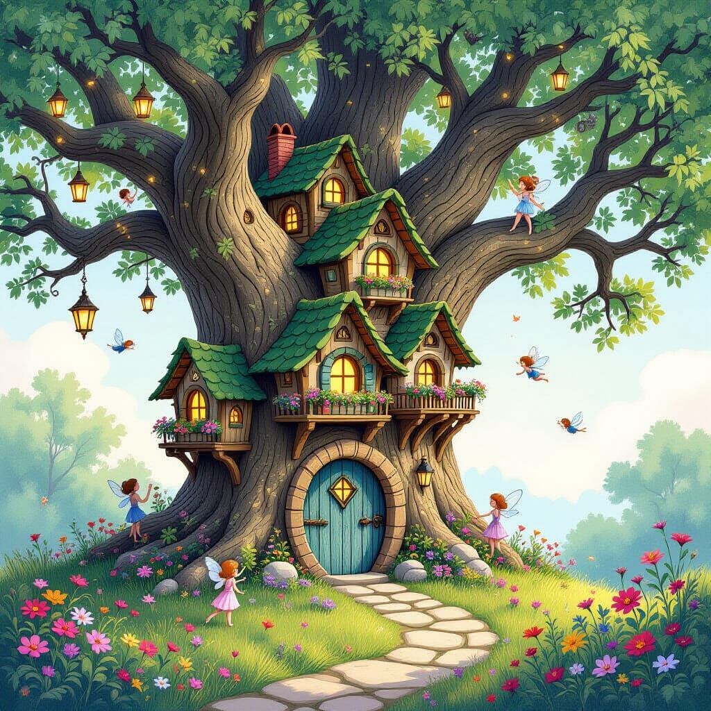 Enchanting Fairy Village in Ancient Oak Tree